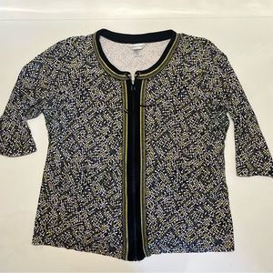 Christopher & Banks Black, White & Green Patterned Zip-Front top. 100% cotton.